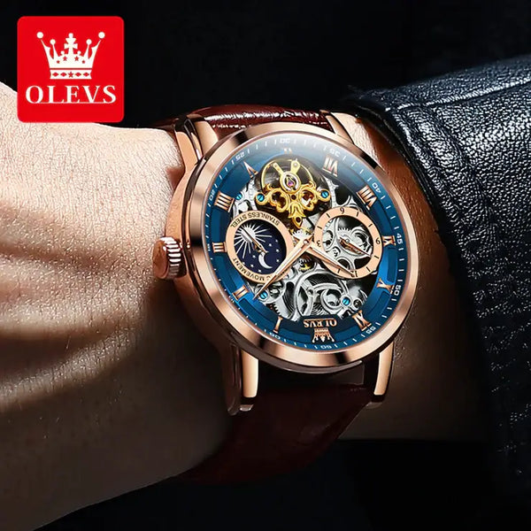 OLEVS 6670 Men's Luxury Automatic Mechanical Skeleton Design Luminous Watch - Model Picture Rose Gold Blue