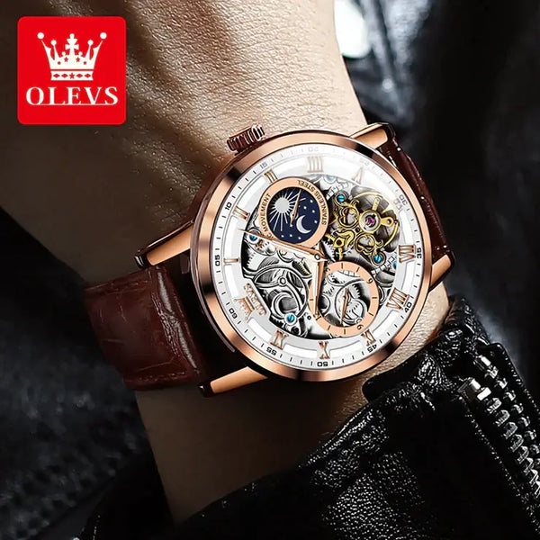 OLEVS 6670 Men's Luxury Automatic Mechanical Skeleton Design Luminous Watch - Model Picture Rose Gold White