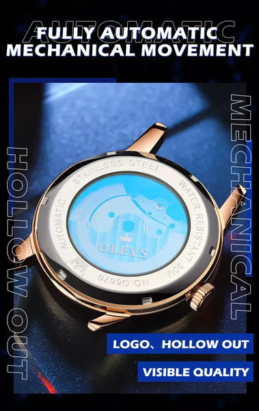 OLEVS 6670 Men's Luxury Automatic Mechanical Skeleton Design Luminous Watch - Original Movement