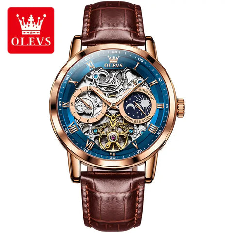 OLEVS 6670 Men's Luxury Automatic Mechanical Skeleton Design Luminous Watch - Rose Gold Blue Brown Leather Strap