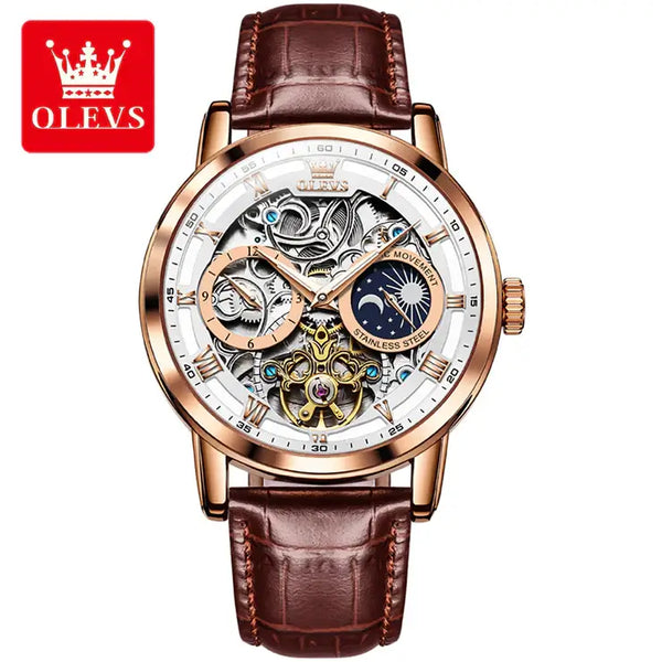 OLEVS 6670 Men's Luxury Automatic Mechanical Skeleton Design Luminous Watch - Rose Gold White Brown Leather Strap