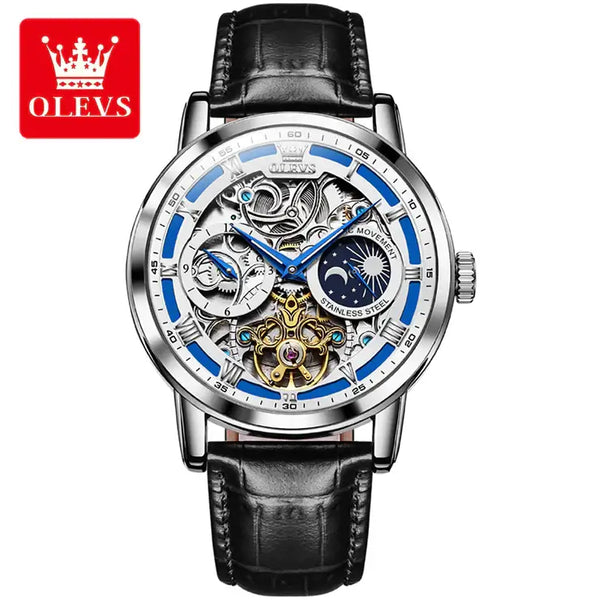 OLEVS 6670 Men's Luxury Automatic Mechanical Skeleton Design Luminous Watch - Silver Blue Black Leather Strap