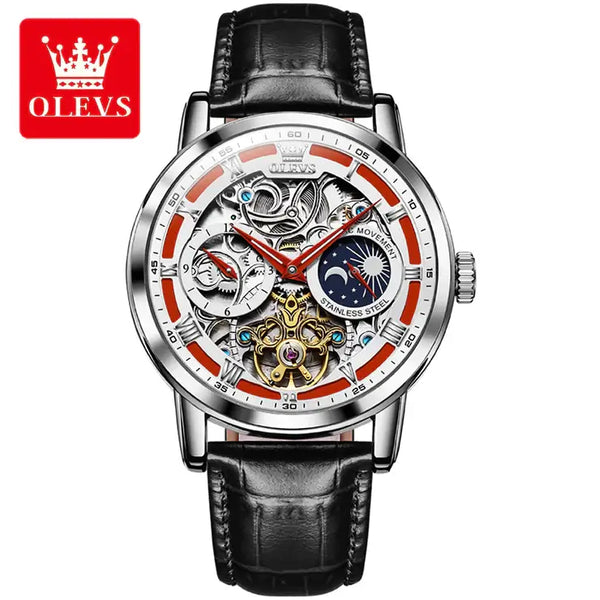 OLEVS 6670 Men's Luxury Automatic Mechanical Skeleton Design Luminous Watch - Silver Red Black Leather Strap