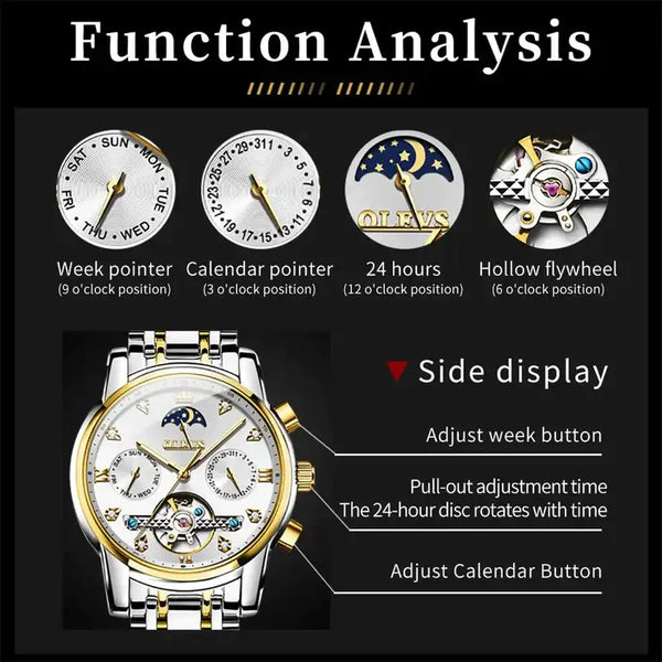 OLEVS 6678 Men's Luxury Automatic Mechanical Luminous Moon Phase Watch - Features