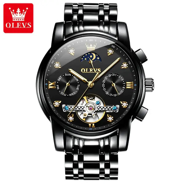 OLEVS 6678 Men's Luxury Automatic Mechanical Luminous Moon Phase Watch - Full Black