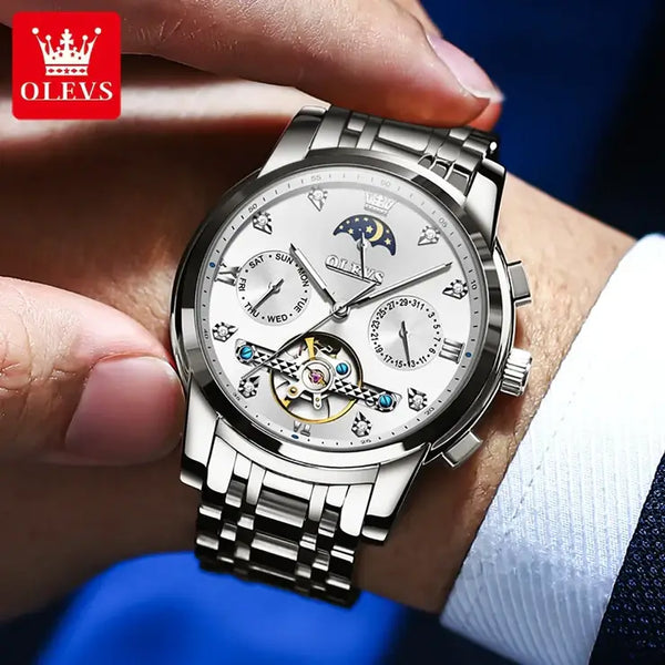 OLEVS 6678 Men's Luxury Automatic Mechanical Luminous Moon Phase Watch - Model Picture Silver White