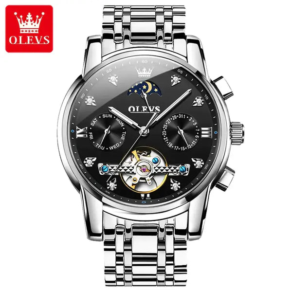 OLEVS 6678 Men's Luxury Automatic Mechanical Luminous Moon Phase Watch - Silver Black Face