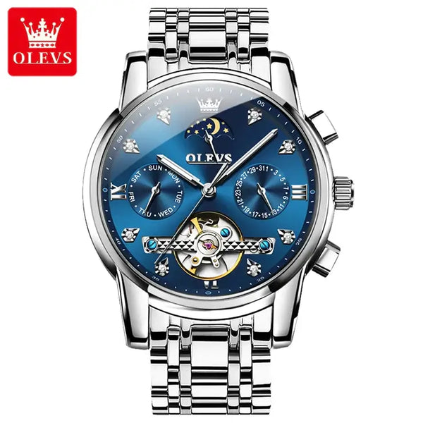 OLEVS 6678 Men's Luxury Automatic Mechanical Luminous Moon Phase Watch - Silver Blue Face