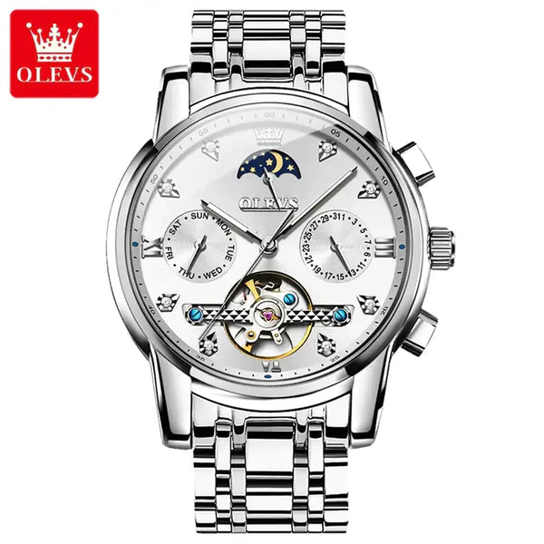 OLEVS 6678 Men's Luxury Automatic Mechanical Luminous Moon Phase Watch - Silver White Face