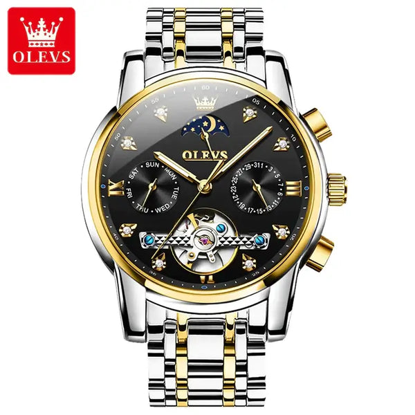 OLEVS 6678 Men's Luxury Automatic Mechanical Luminous Moon Phase Watch - Two Tone Black Face