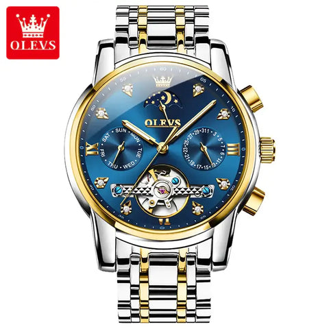 OLEVS 6678 Men's Luxury Automatic Mechanical Luminous Moon Phase Watch -  Two Tone Blue Face