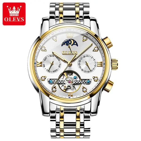 OLEVS 6678 Men's Luxury Automatic Mechanical Luminous Moon Phase Watch - Two Tone White Face