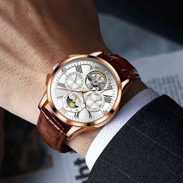 OLEVS 9912 Men's Luxury Automatic Mechanical Luminous Moon Phase Watch - Model Picture Rose Gold White Face