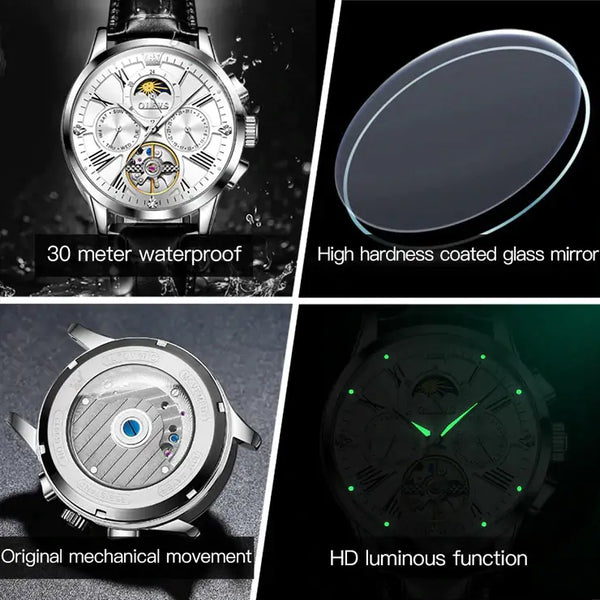 OLEVS 9912 Men's Luxury Automatic Mechanical Luminous Moon Phase Watch - Multiple Features