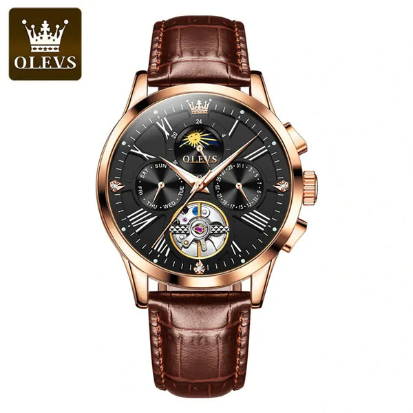 OLEVS 9912 Men's Luxury Automatic Mechanical Luminous Moon Phase Watch - Rose Gold Black Face Brown Leather Strap