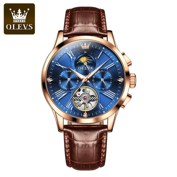 OLEVS 9912 Men's Luxury Automatic Mechanical Luminous Moon Phase Watch - Rose Gold Blue Face Brown Leather Strap