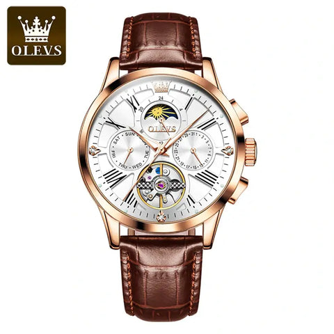 OLEVS 9912 Men's Luxury Automatic Mechanical Luminous Moon Phase Watch - Rose Gold White Face Brown Leather Strap