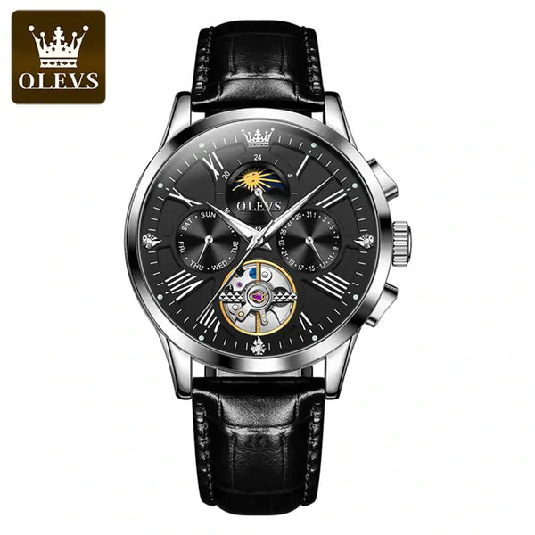 OLEVS 9912 Men's Luxury Automatic Mechanical Luminous Moon Phase Watch - Silver Black Face Black Leather Strap