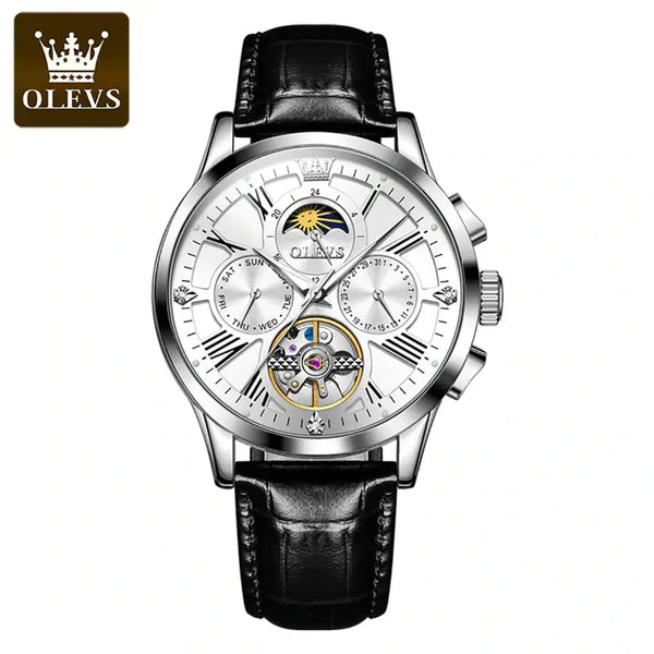 OLEVS 9912 Men's Luxury Automatic Mechanical Luminous Moon Phase Watch - Silver White Face Black Leather Strap