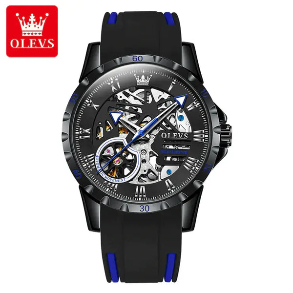 OLEVS 9918 Men's Luxury Automatic Mechanical Skeleton Design Luminous Watch - Blue