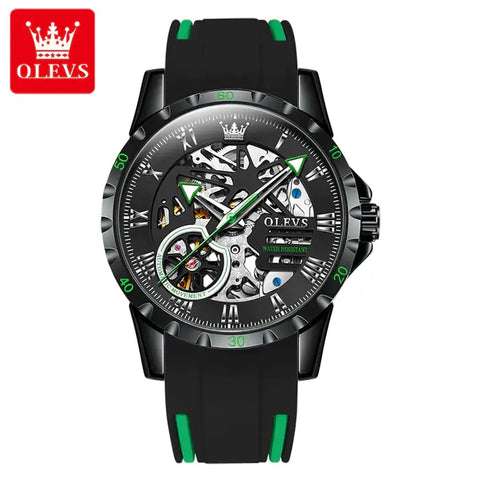 OLEVS 9918 Men's Luxury Automatic Mechanical Skeleton Design Luminous Watch - Green