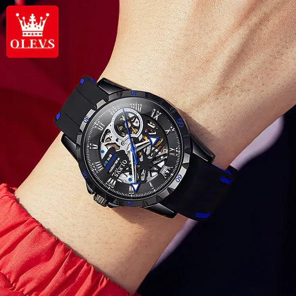 OLEVS 9918 Men's Luxury Automatic Mechanical Skeleton Design Luminous Watch - Model Picture Blue