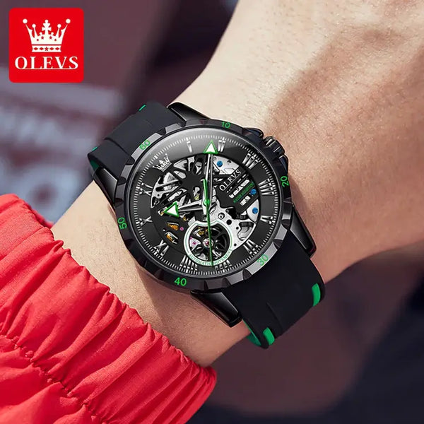 OLEVS 9918 Men's Luxury Automatic Mechanical Skeleton Design Luminous Watch - Model Picture Green