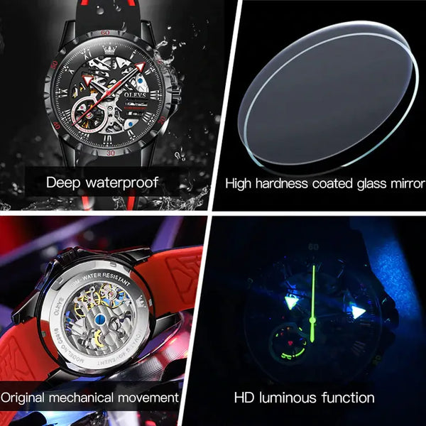 OLEVS 9918 Men's Luxury Automatic Mechanical Skeleton Design Luminous Watch - Multiple Features
