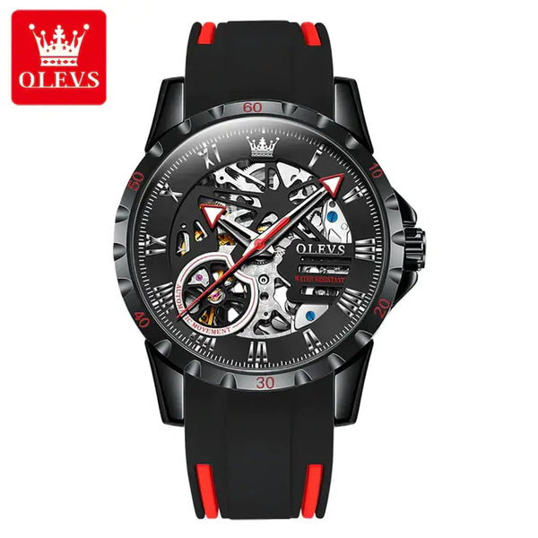 OLEVS 9918 Men's Luxury Automatic Mechanical Skeleton Design Luminous Watch - Red