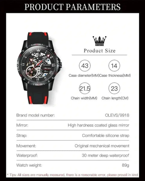 OLEVS 9918 Men's Luxury Automatic Mechanical Skeleton Design Luminous Watch - Specifications