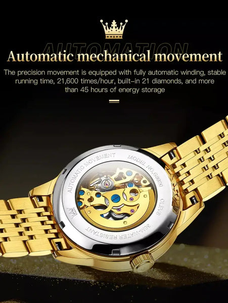 OLEVS 9920 Men's Luxury Automatic Mechanical Skeleton Design Luminous Watch - Energy Reserve