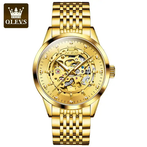 OLEVS 9920 Men's Luxury Automatic Mechanical Skeleton Design Luminous Watch - Full Gold