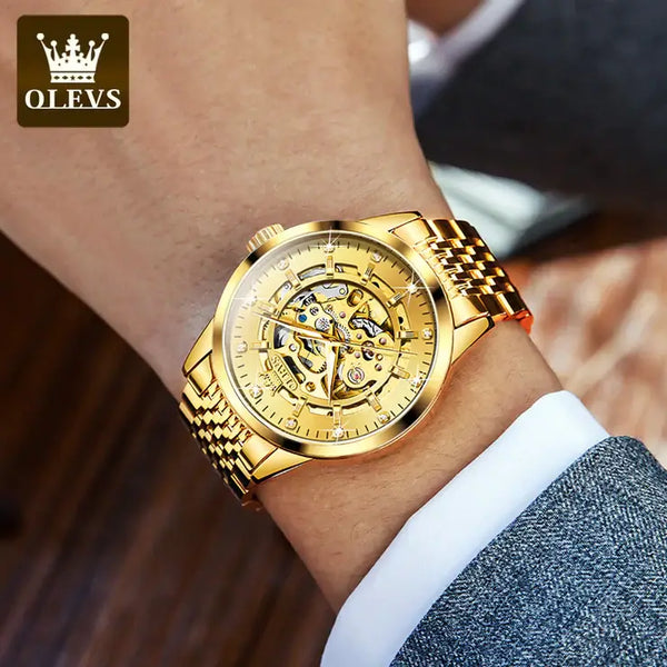 OLEVS 9920 Men's Luxury Automatic Mechanical Skeleton Design Luminous Watch - Model Picture Full Gold