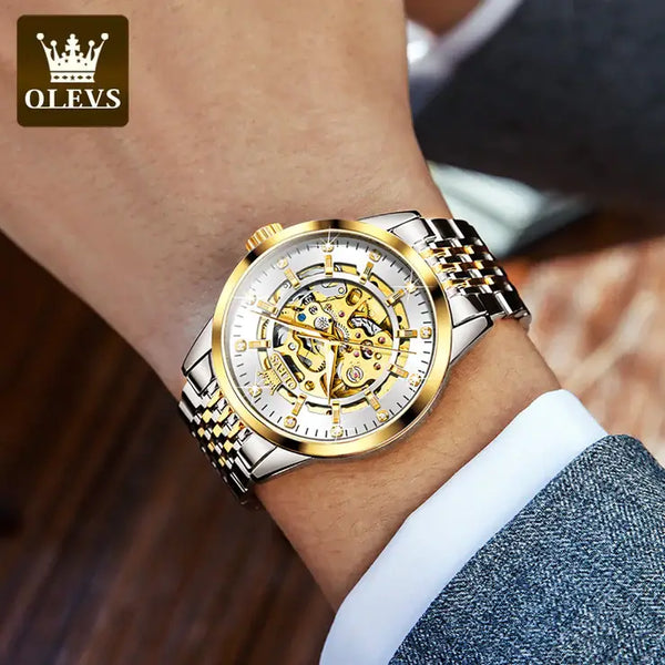 OLEVS 9920 Men's Luxury Automatic Mechanical Skeleton Design Luminous Watch - Model Picture Two Tone White