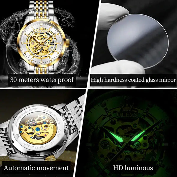 OLEVS 9920 Men's Luxury Automatic Mechanical Skeleton Design Luminous Watch - Multiple Features