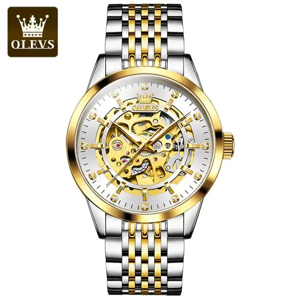 OLEVS 9920 Men's Luxury Automatic Mechanical Skeleton Design Luminous Watch - Two Tone White