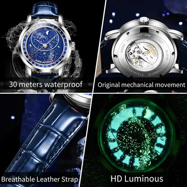 OLEVS 9923 Men Luxury Automatic Mechanical Starry Sky Design Luminous Watch - Multiple Features