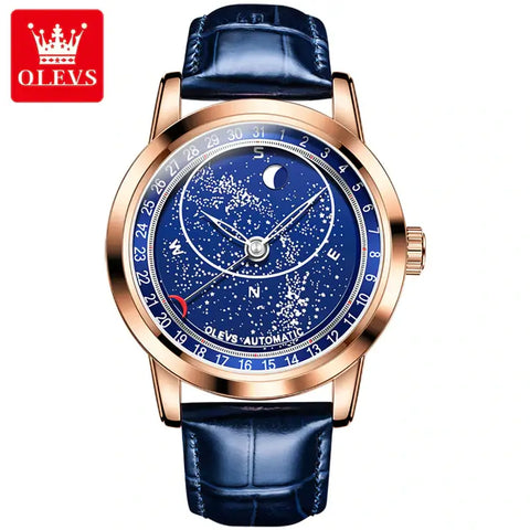 OLEVS 9923 Men Luxury Automatic Mechanical Starry Sky Design Luminous Watch - Rose Gold
