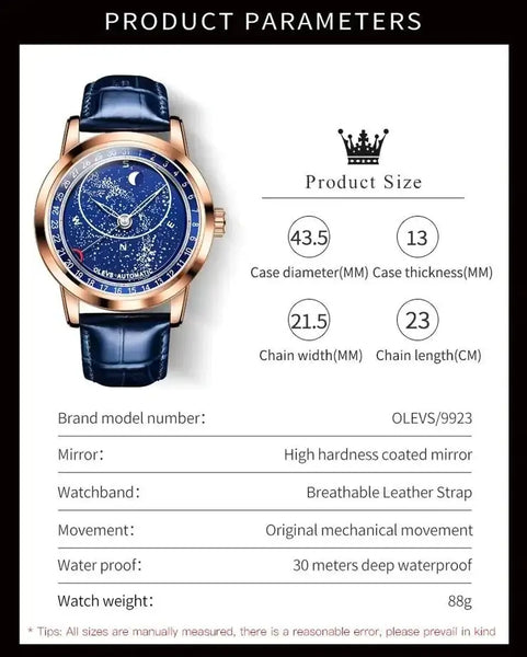 OLEVS 9923 Men Luxury Automatic Mechanical Starry Sky Design Luminous Watch - Specifications