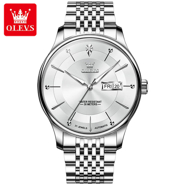 OLEVS 9927 Men's Luxury Automatic Mechanical Luminous Watch - Silver White Face