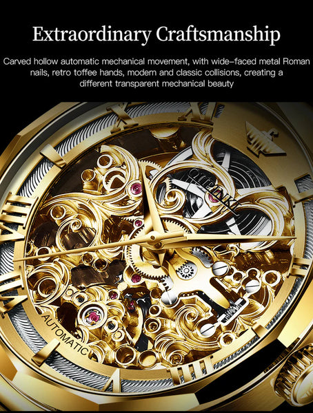 OUPINKE 3168 Men's Luxury Automatic Mechanical Skeleton Design Luminous Watch - Features