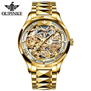 OUPINKE 3168 Men's Luxury Automatic Mechanical Skeleton Design Luminous Watch - Full Gold