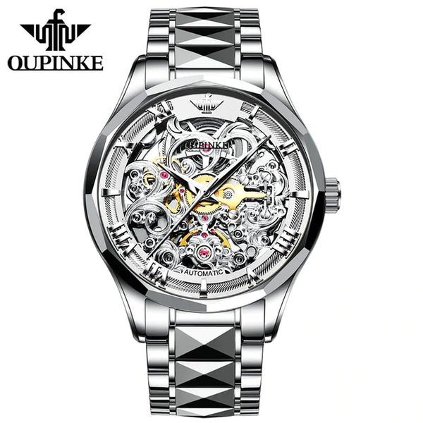 OUPINKE 3168 Men's Luxury Automatic Mechanical Skeleton Design Luminous Watch - Full Silver