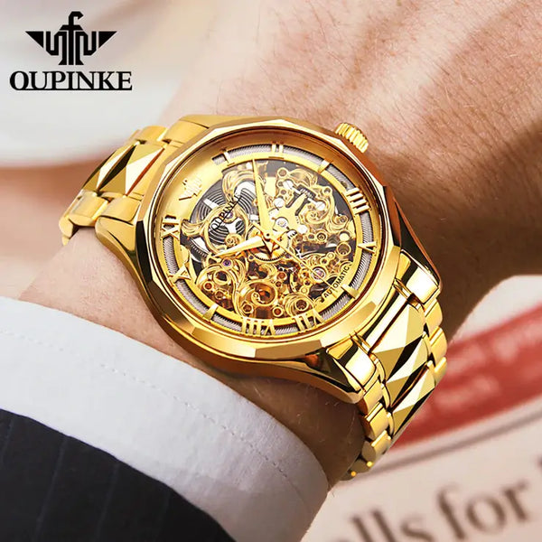 OUPINKE 3168 Men's Luxury Automatic Mechanical Skeleton Design Luminous Watch - Model Picture Full Gold