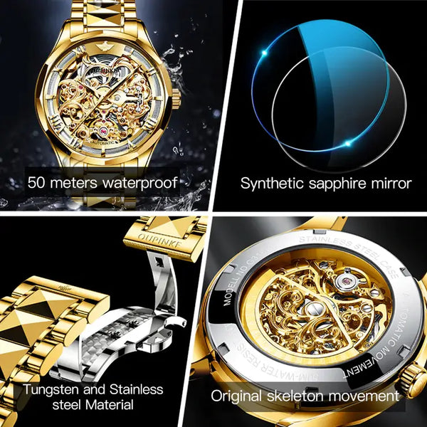 OUPINKE 3168 Men's Luxury Automatic Mechanical Skeleton Design Luminous Watch - Multiple Features