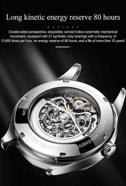 OUPINKE 3168 Men's Luxury Automatic Mechanical Skeleton Design Luminous Watch - Original Movement
