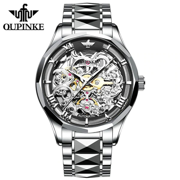 OUPINKE 3168 Men's Luxury Automatic Mechanical Skeleton Design Luminous Watch - Silver Black