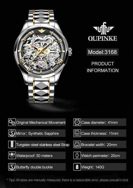 OUPINKE 3168 Men's Luxury Automatic Mechanical Skeleton Design Luminous Watch - Specifications