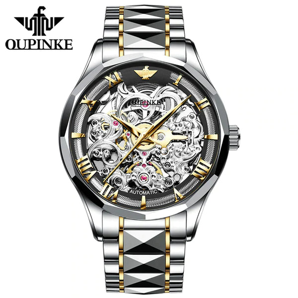 OUPINKE 3168 Men's Luxury Automatic Mechanical Skeleton Design Luminous Watch - Two Tone Black