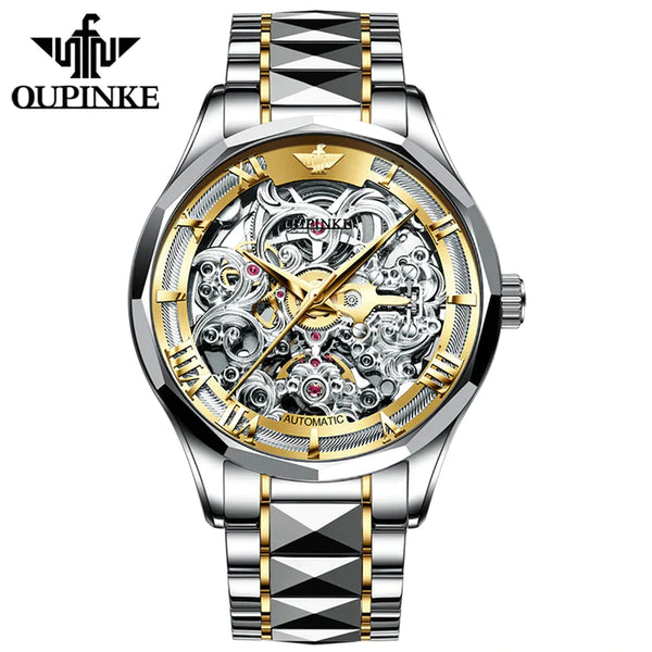 OUPINKE 3168 Men's Luxury Automatic Mechanical Skeleton Design Luminous Watch - Two Tone Gold